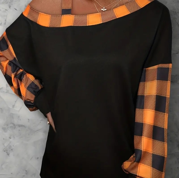 Women's Stylish Casual Black and Orange Plus Size One Shoulder Long Sleeve Top ! - Picture 11 of 12